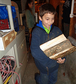 Young boy helping carry wood